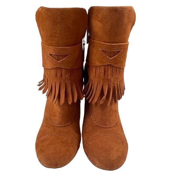 BCBGirls Inkie’s Brown Suede Fringe Roper Style Ankle Boots Side Zip Round Toe - Picture 14 of 14